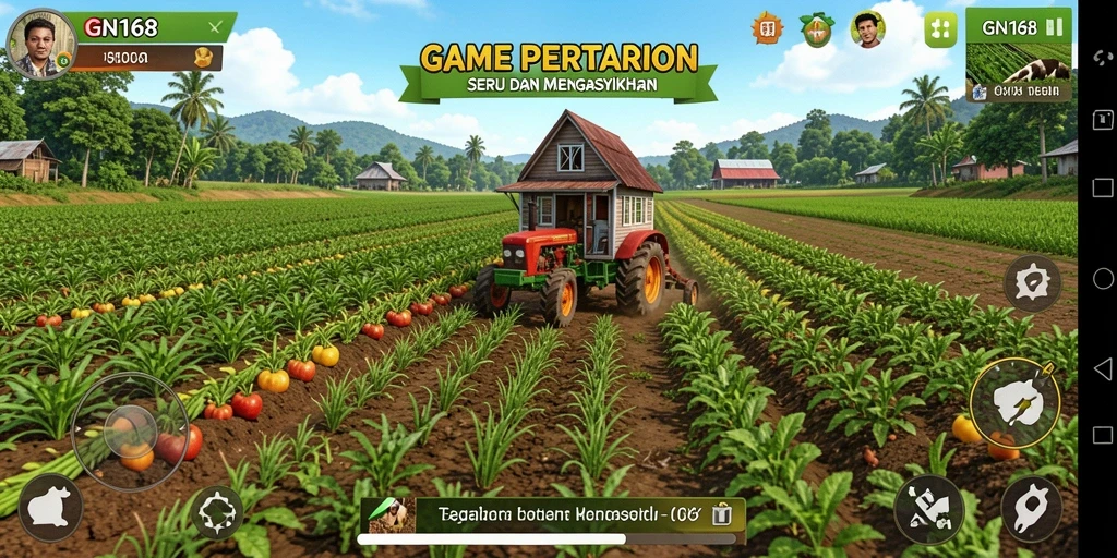 Tangkapan layar gameplay GN168 menampilkan suasana pertanian yang asri dan interaktif.