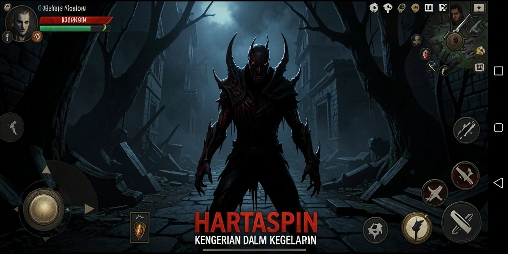 Menampilkan gameplay HARTASPIN dengan suasana kengerian yang intens.