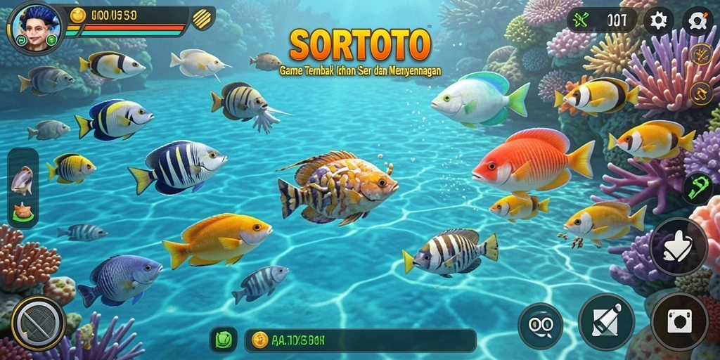 Tampilan gameplay SORTOTO yang penuh warna dan menarik saat menangkap ikan.