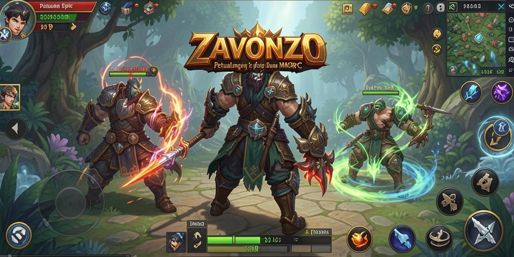 Tampilan gameplay menarik dalam ZAVONZO menampilkan pertempuran epik.